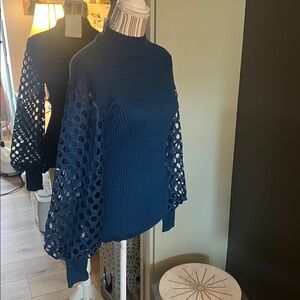 NWT. Calligraphie, Large, Chic Teal Turtleneck Sweater with Lace Webbing Sleeves